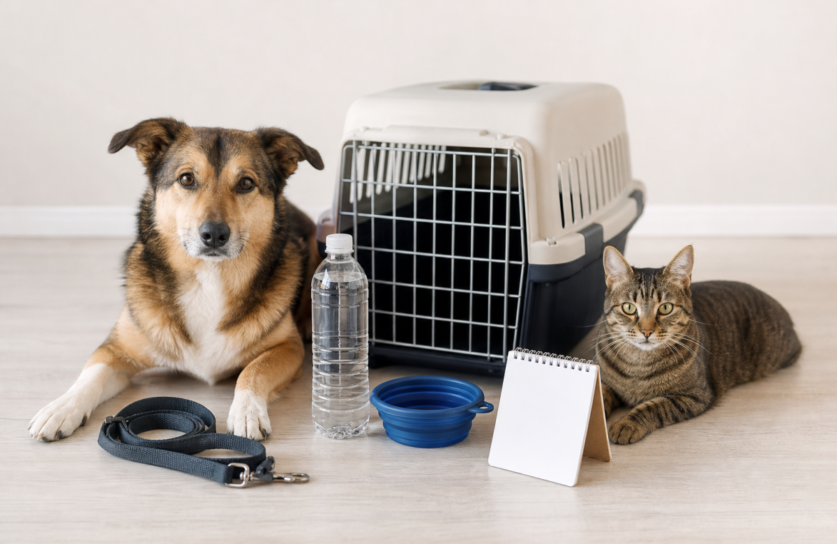 Cane e gatto con trasportino, guinzaglio e acqua per il viaggio