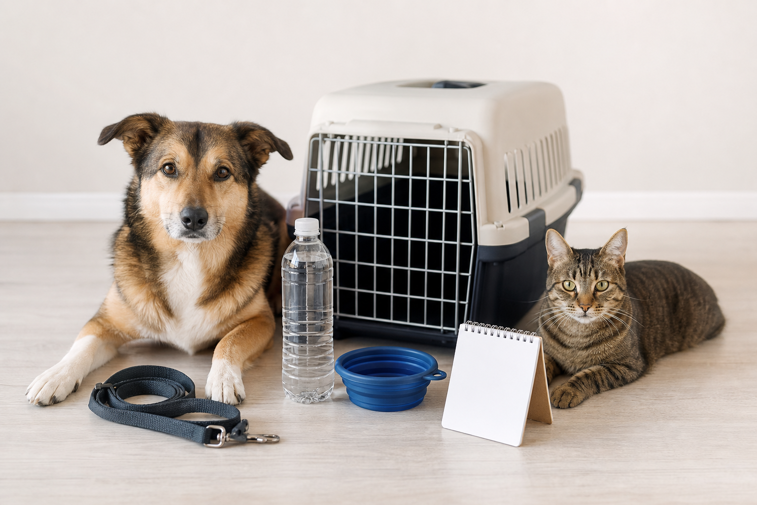 Cane e gatto con trasportino, guinzaglio e acqua per il viaggio