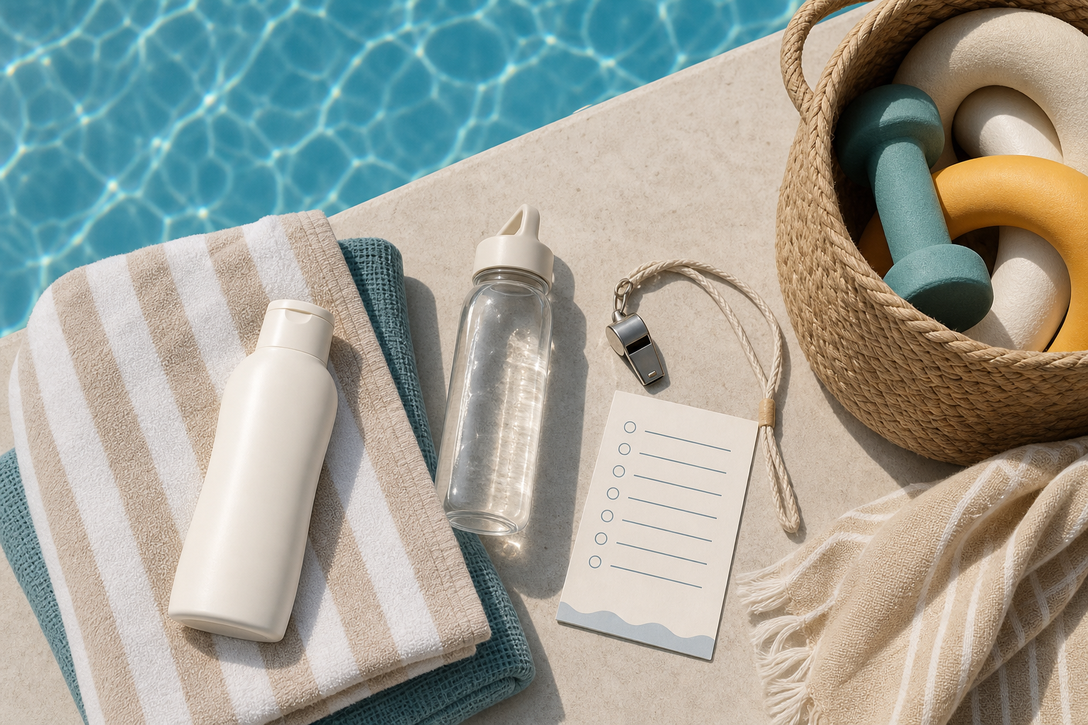 Checklist generica per la sicurezza in piscina con asciugamani acqua e giochi raccolti