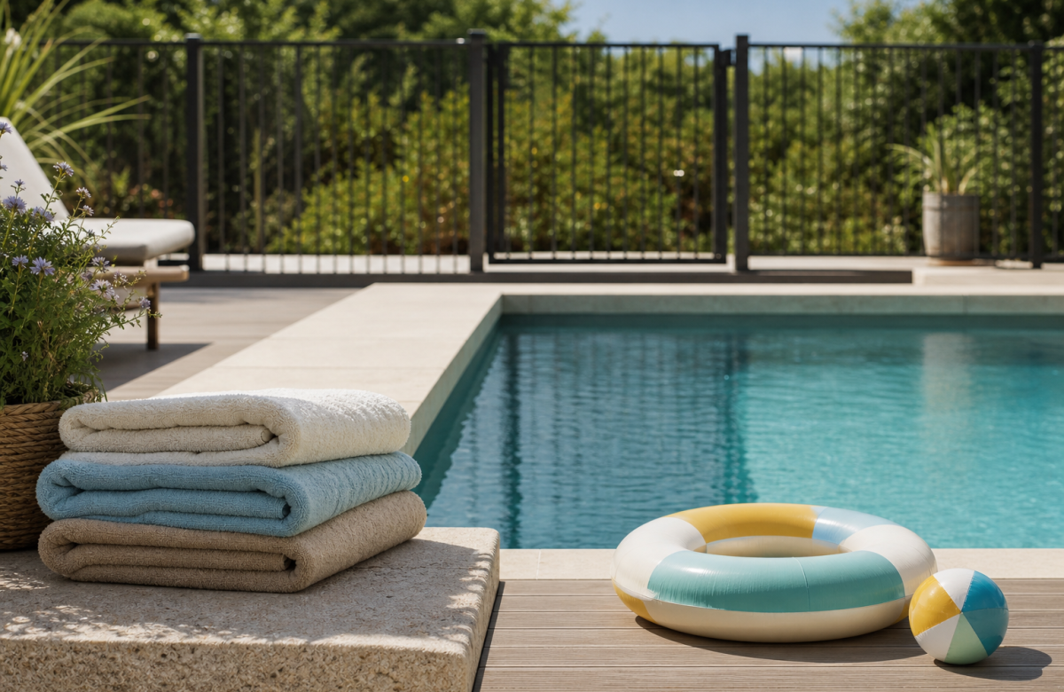 Piscina generica con asciugamani e giochi fuori dall acqua per parlare di sicurezza dei bambini