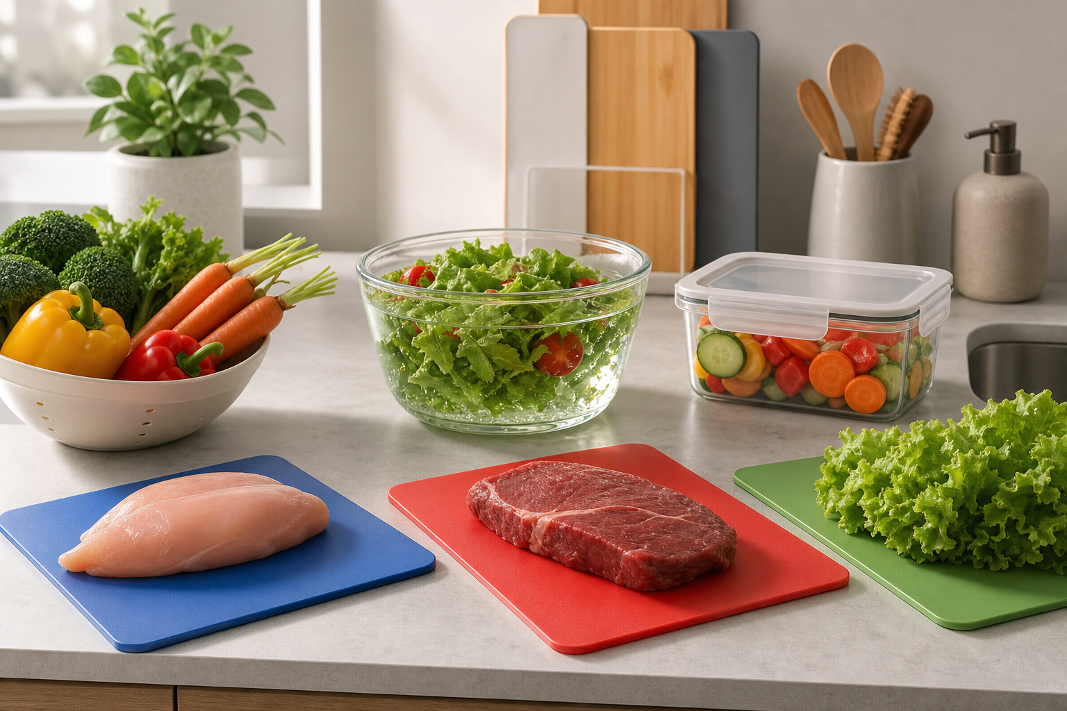 Piano cucina con taglieri separati e alimenti pronti alla preparazione