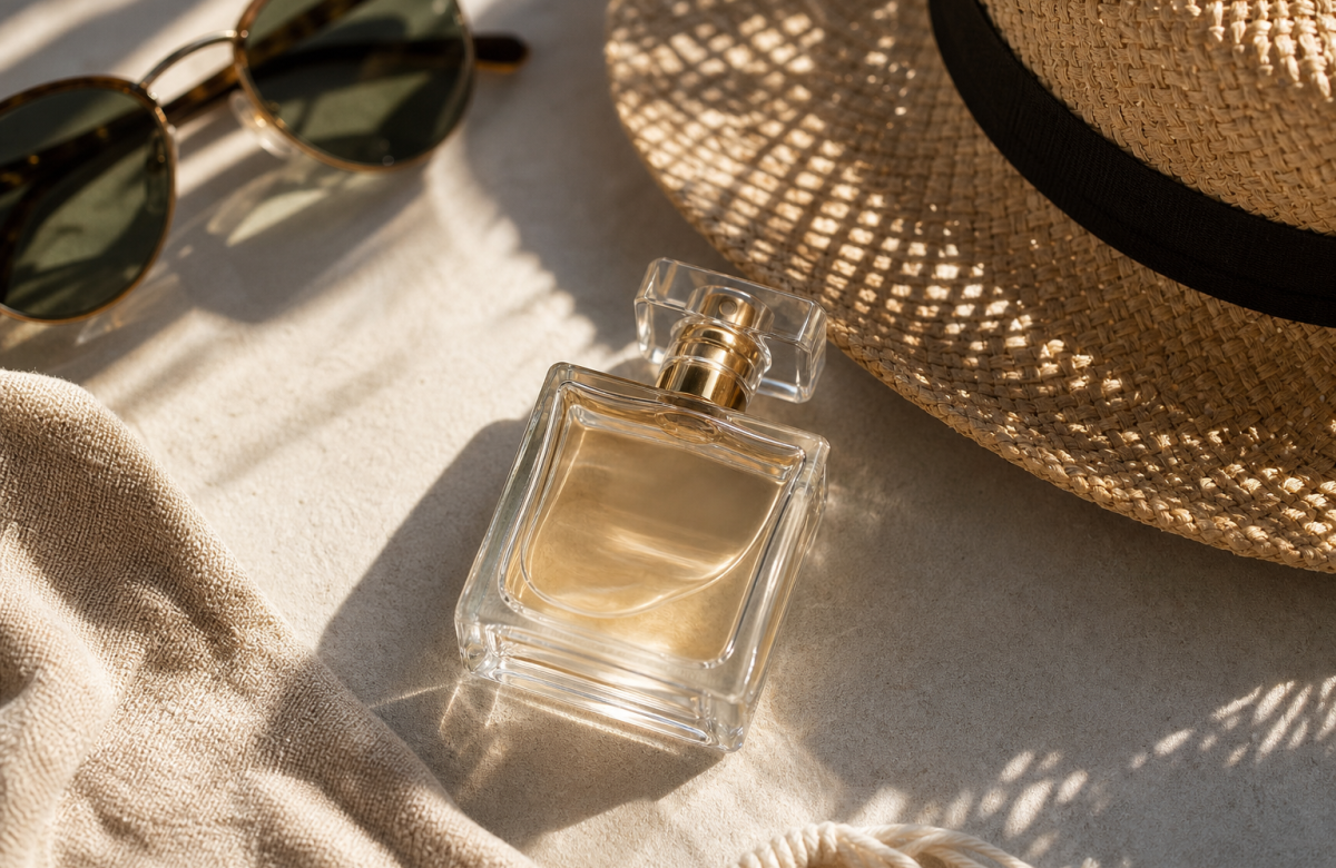 Flacone anonimo di profumo con cappello e occhiali sotto luce estiva