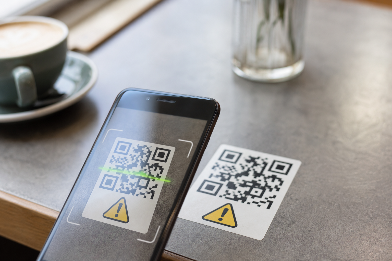 Smartphone che inquadra un QR code anonimo su un tavolo