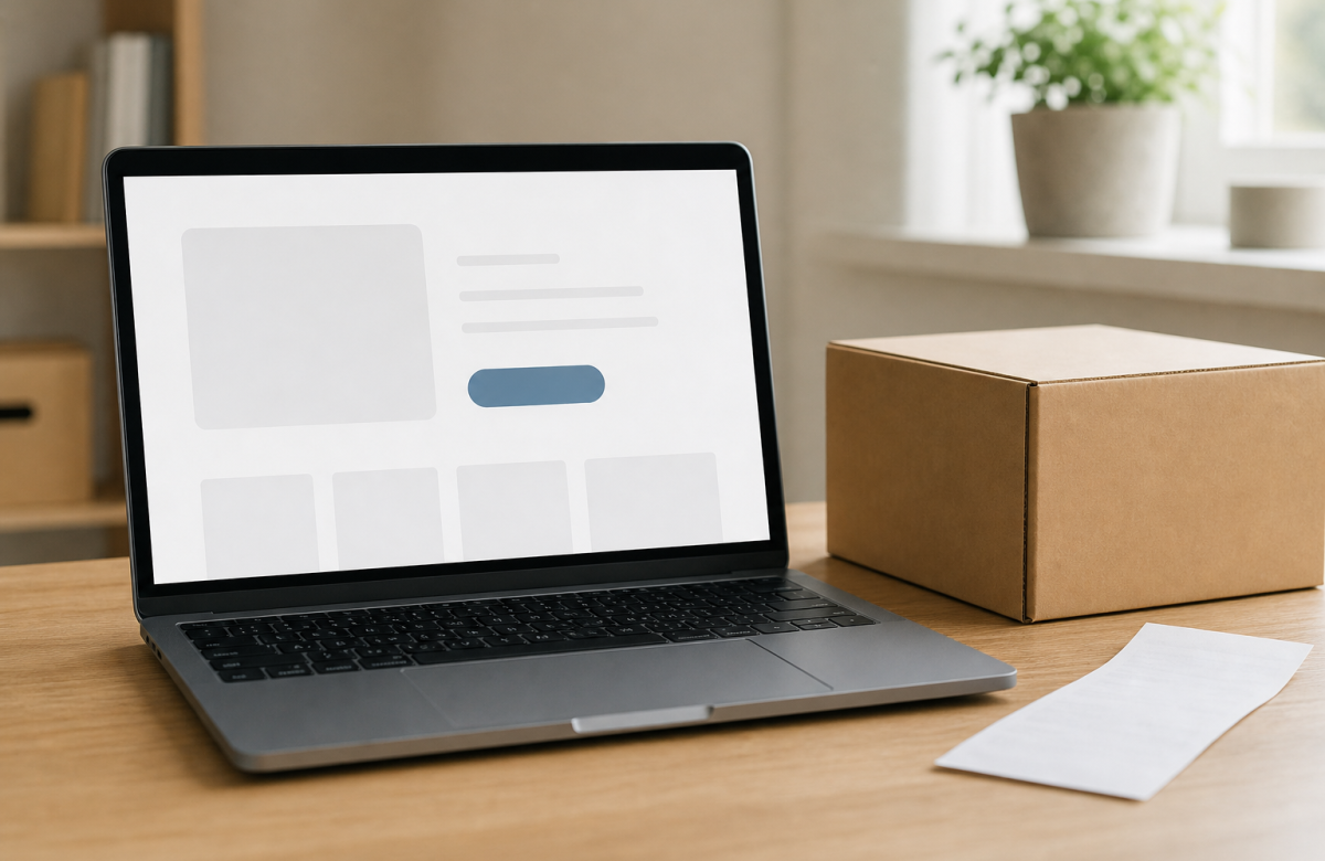 Computer e pacco anonimo per un articolo sul recesso online