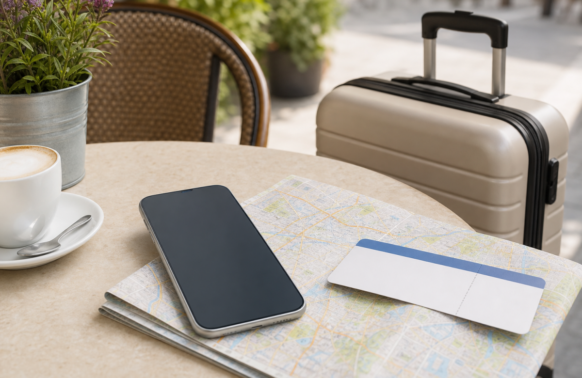 Smartphone, mappa e valigia per un articolo sul roaming in viaggio