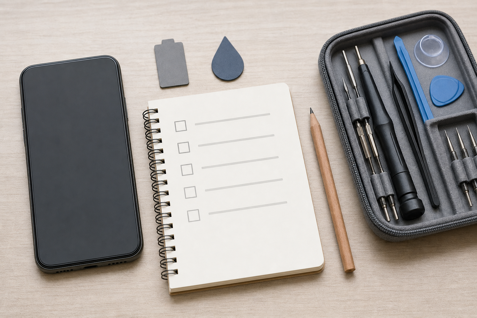 Smartphone anonimo con checklist e strumenti di riparazione