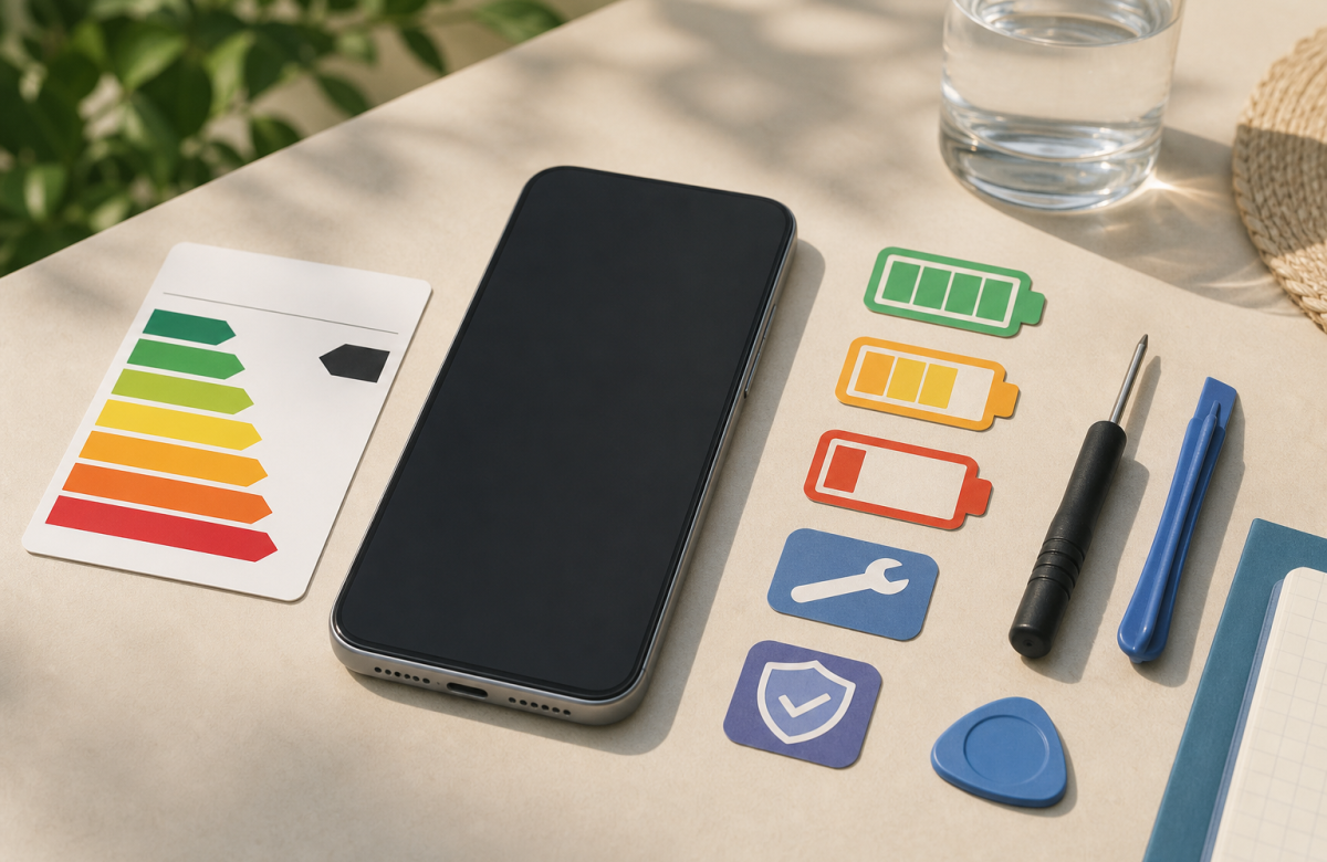 Smartphone anonimo con simboli di energia batteria e riparabilità