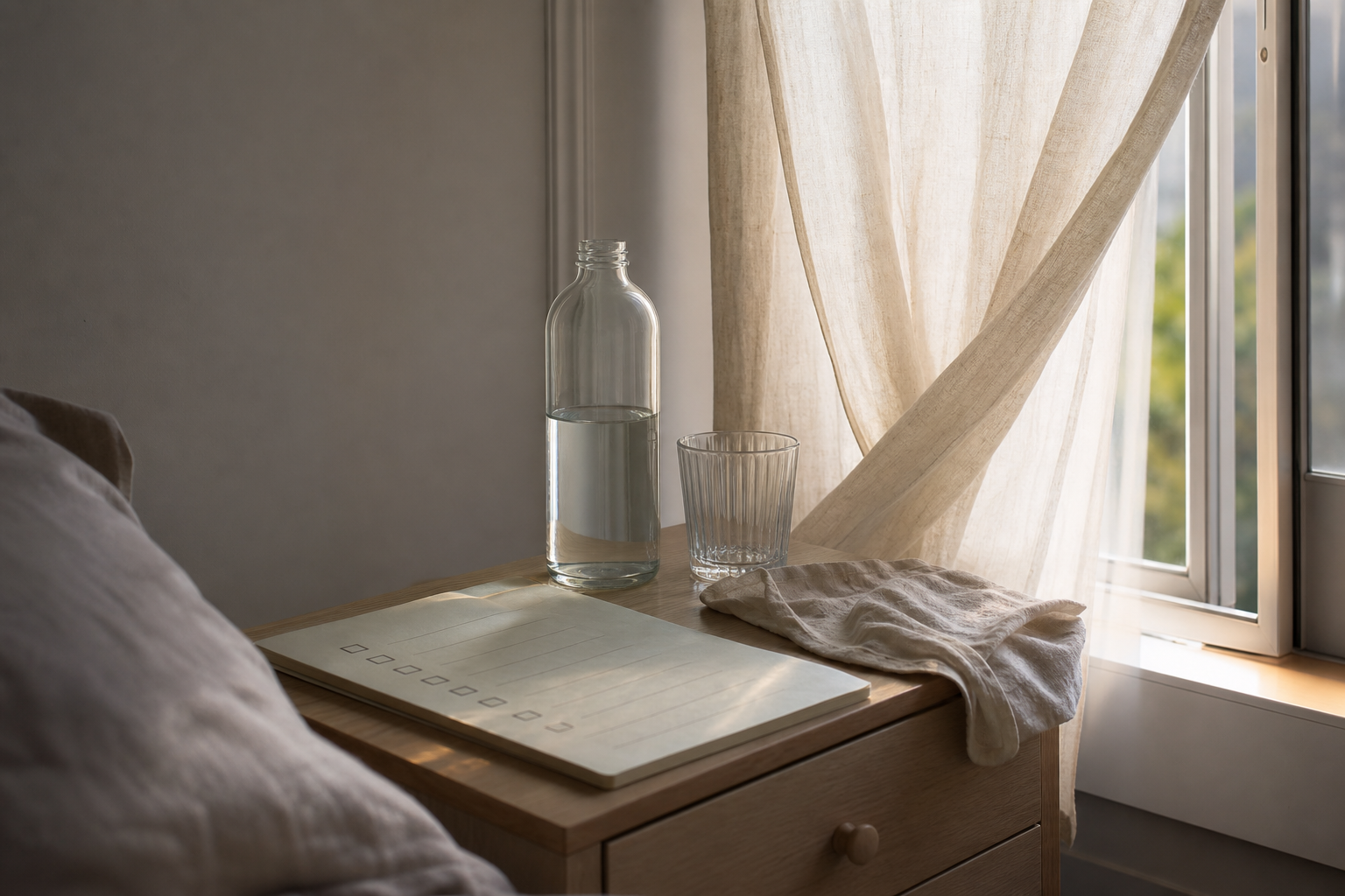 Comodino con acqua e finestra aperta in una stanza estiva