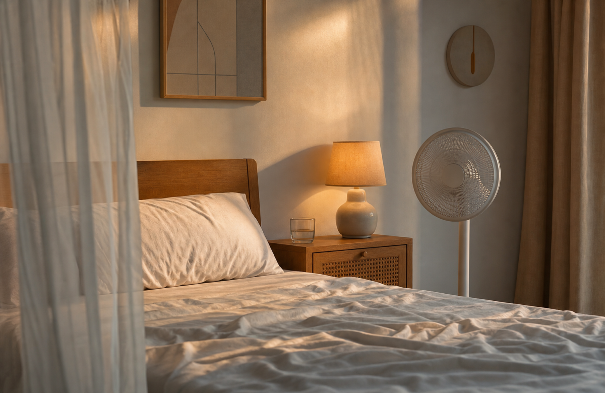 Camera da letto estiva con ventilatore e bicchiere d’acqua