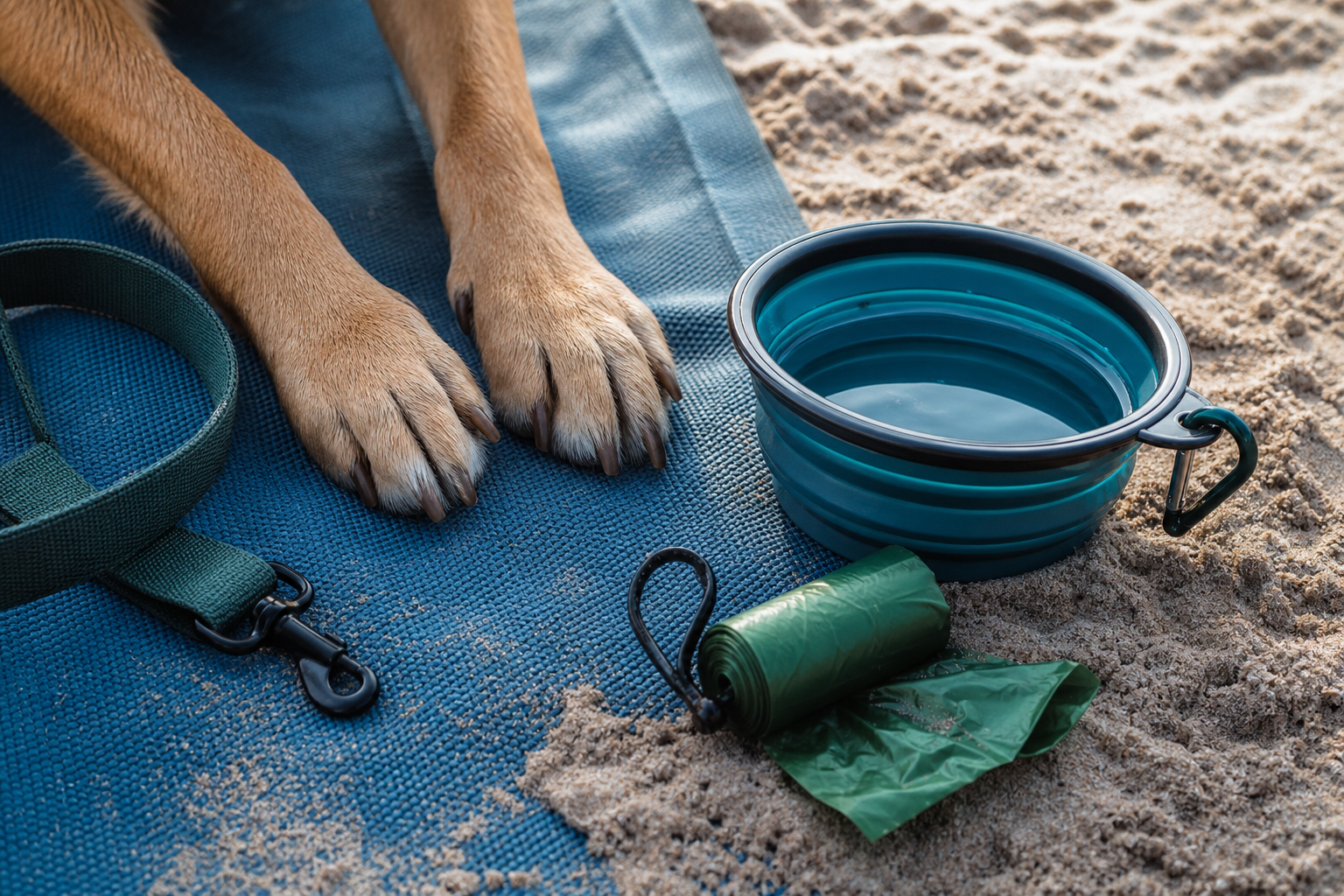 Zampe di cane su un tappetino con ciotola d’acqua e sacchetti igienici