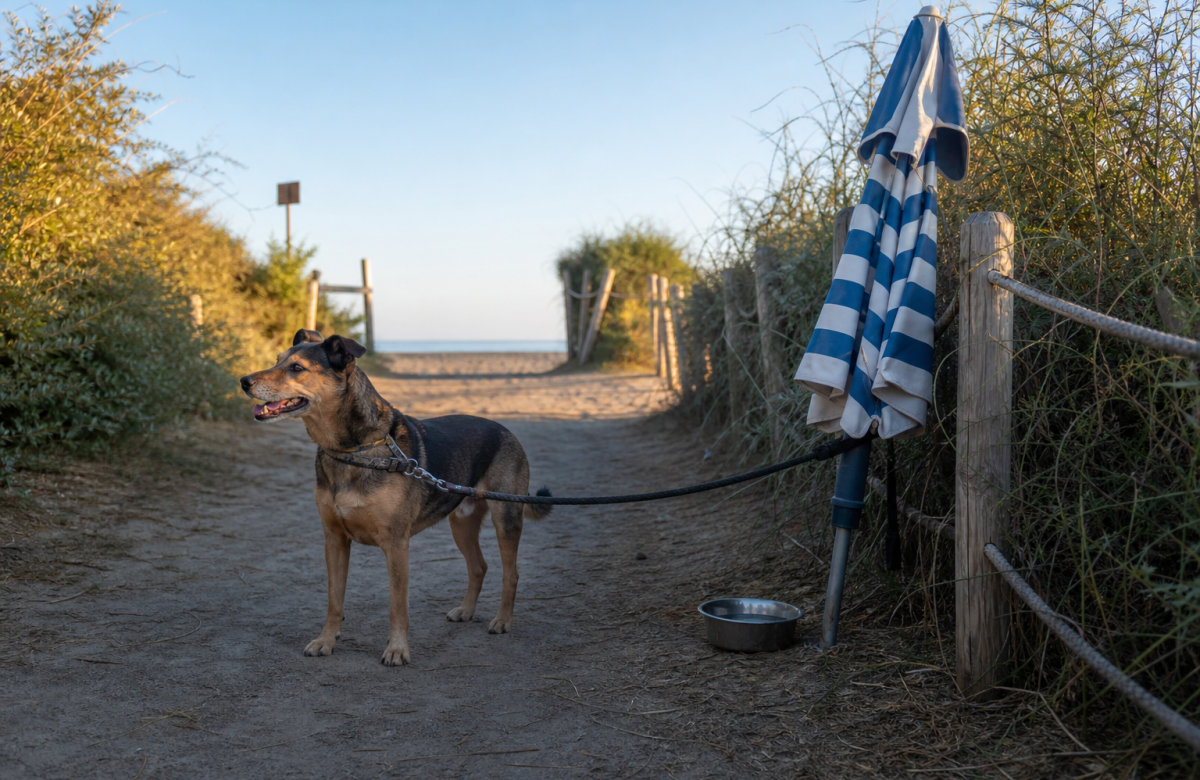 Cane al guinzaglio vicino a un accesso generico alla spiaggia con ciotola d’acqua