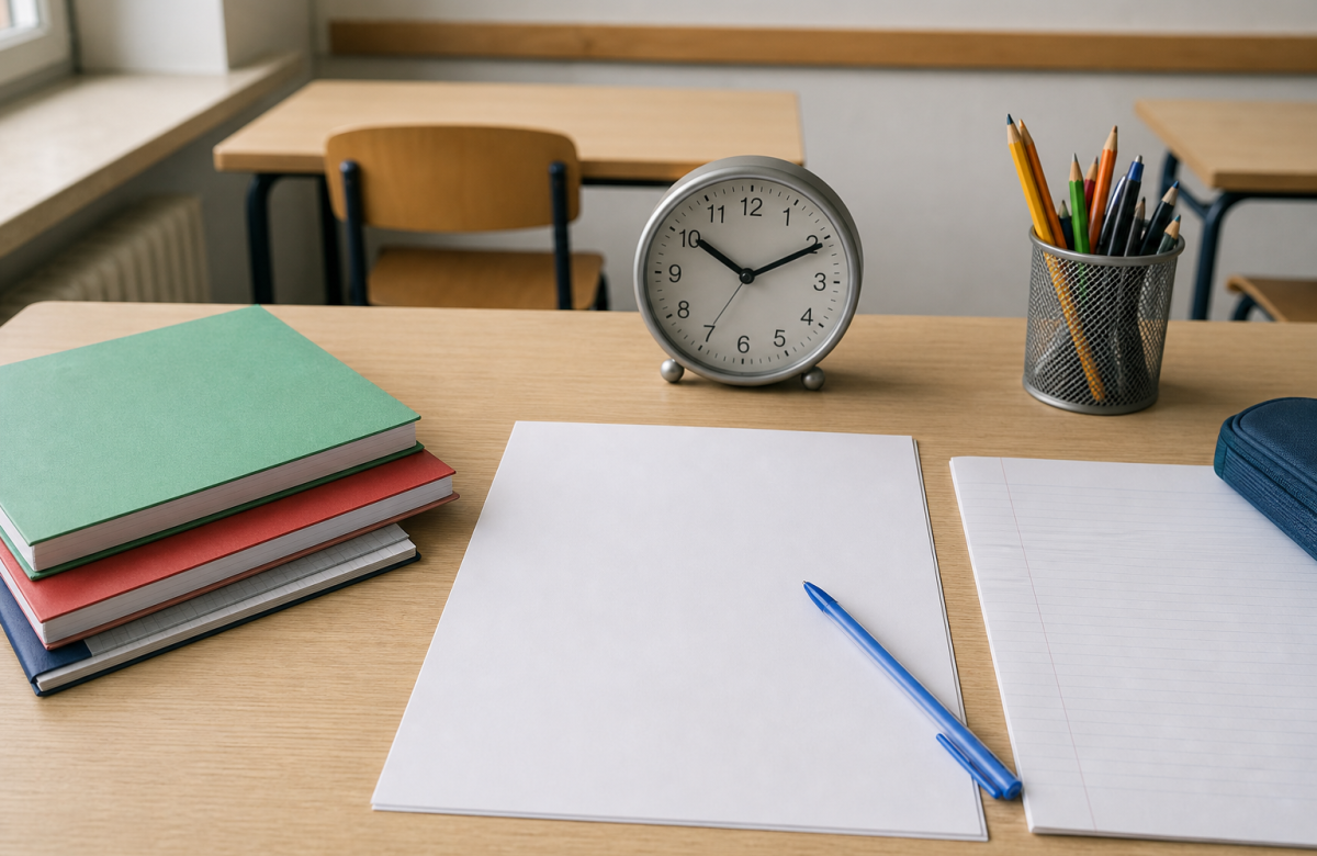 Scrivania con fogli, penna e orologio per un esame scolastico