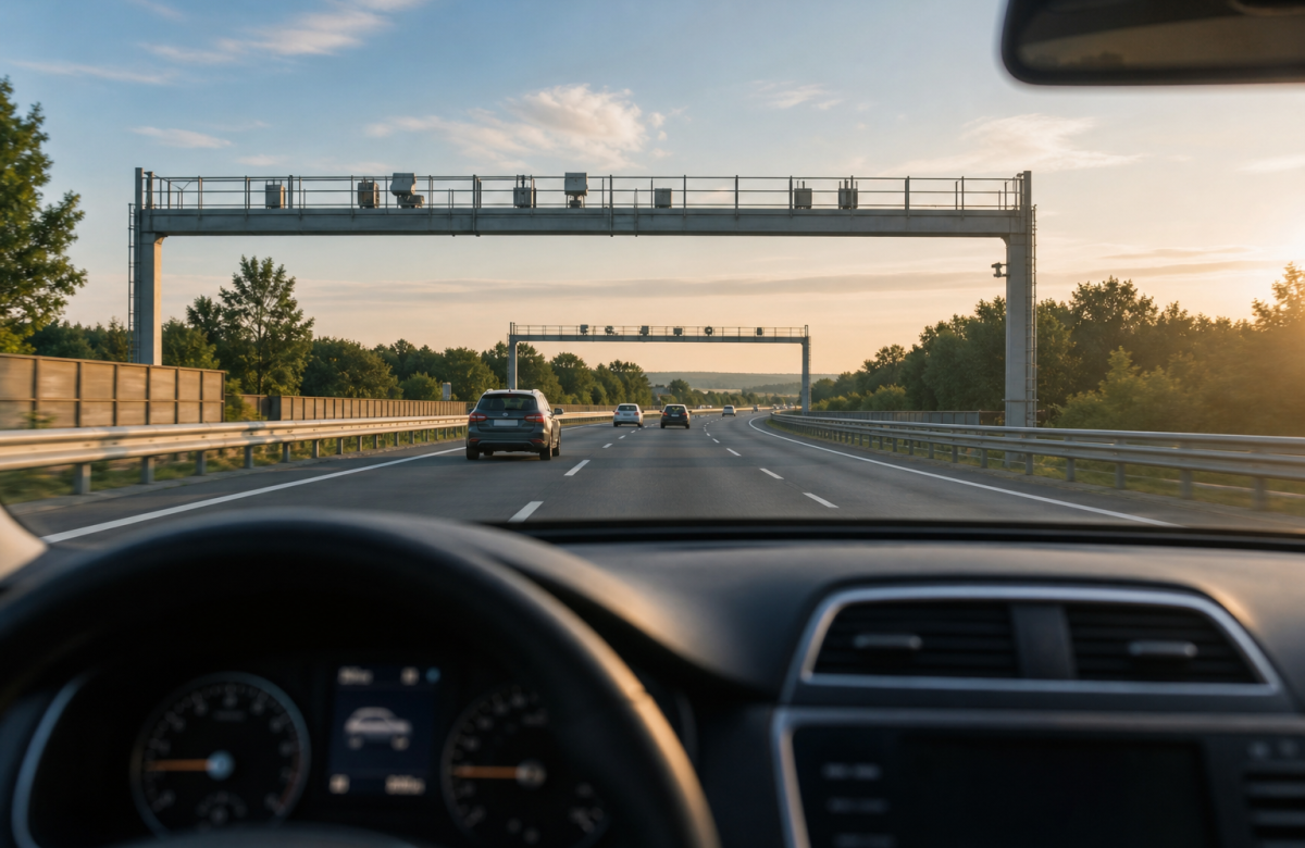 Auto su autostrada generica con portali in lontananza, immagine illustrativa
