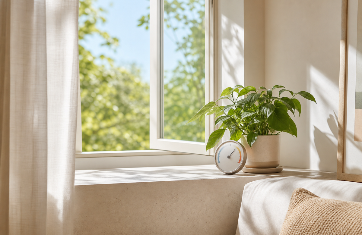 Interno domestico luminoso con finestra aperta e indicatore generico di umidità