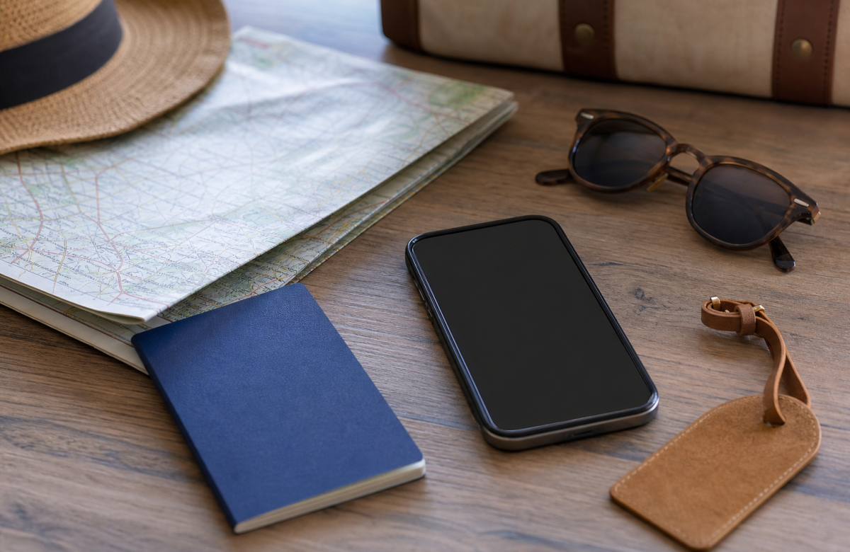 Telefono mappa e valigia per un articolo su Viaggiare Sicuri