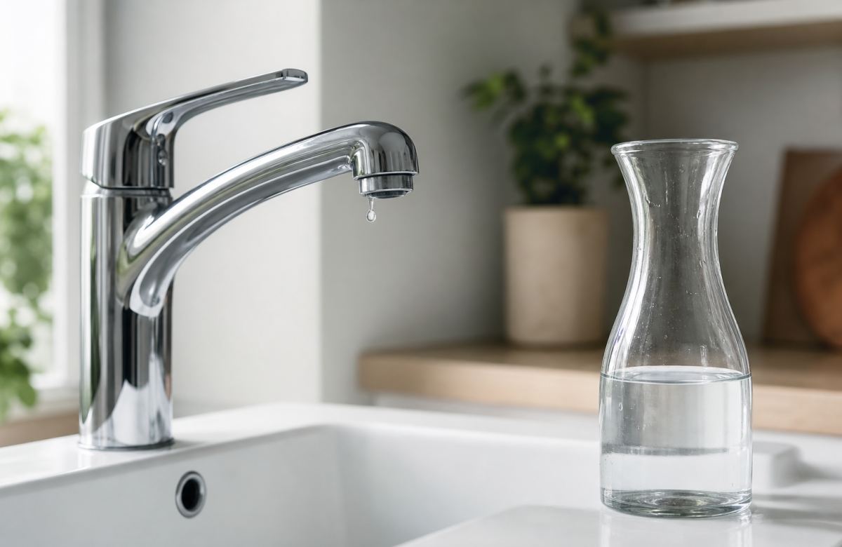 Rubinetto domestico con goccia d acqua e caraffa, immagine illustrativa