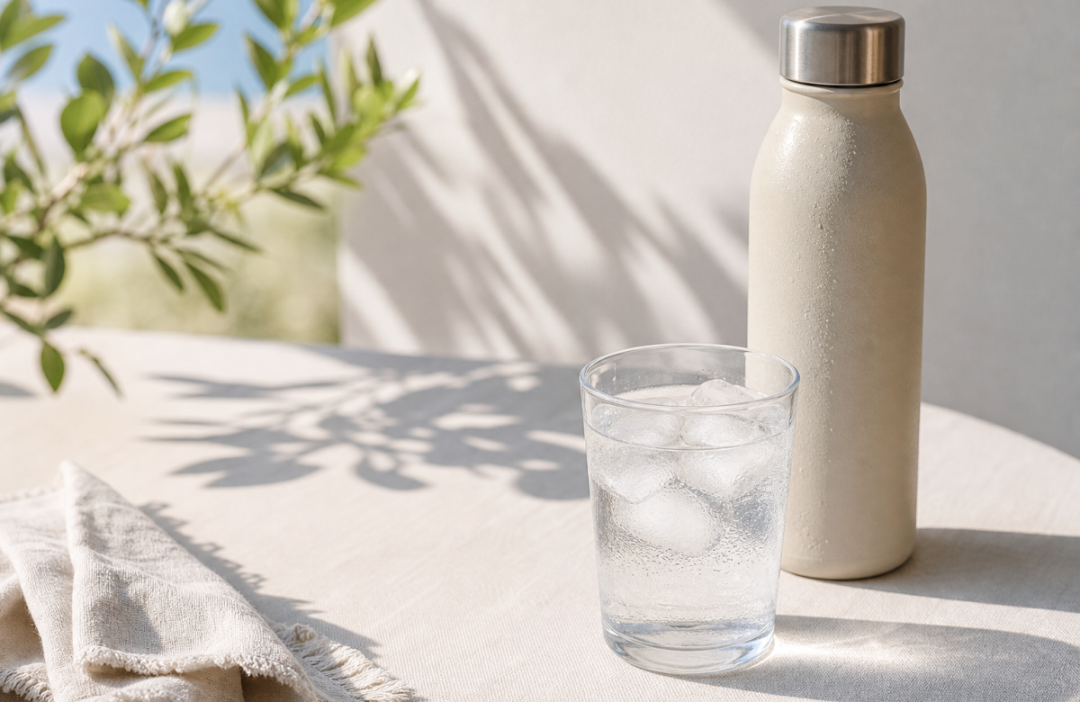 Bicchiere di acqua fresca con ghiaccio e borraccia neutra su un tavolo estivo