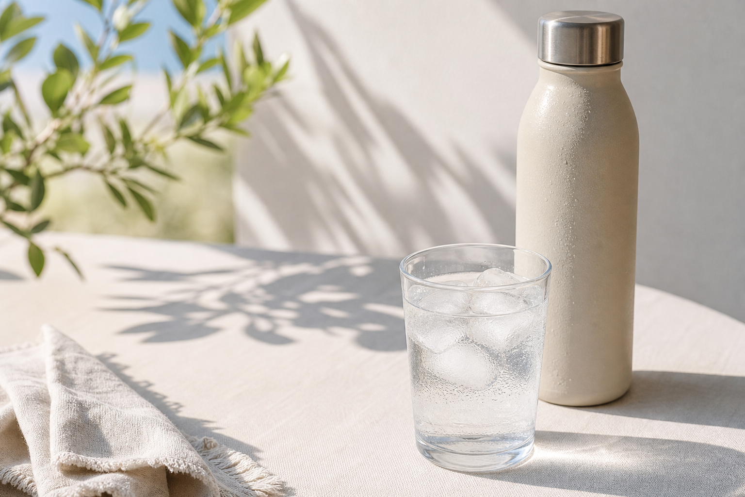 Bicchiere di acqua fresca con ghiaccio e borraccia neutra su un tavolo estivo