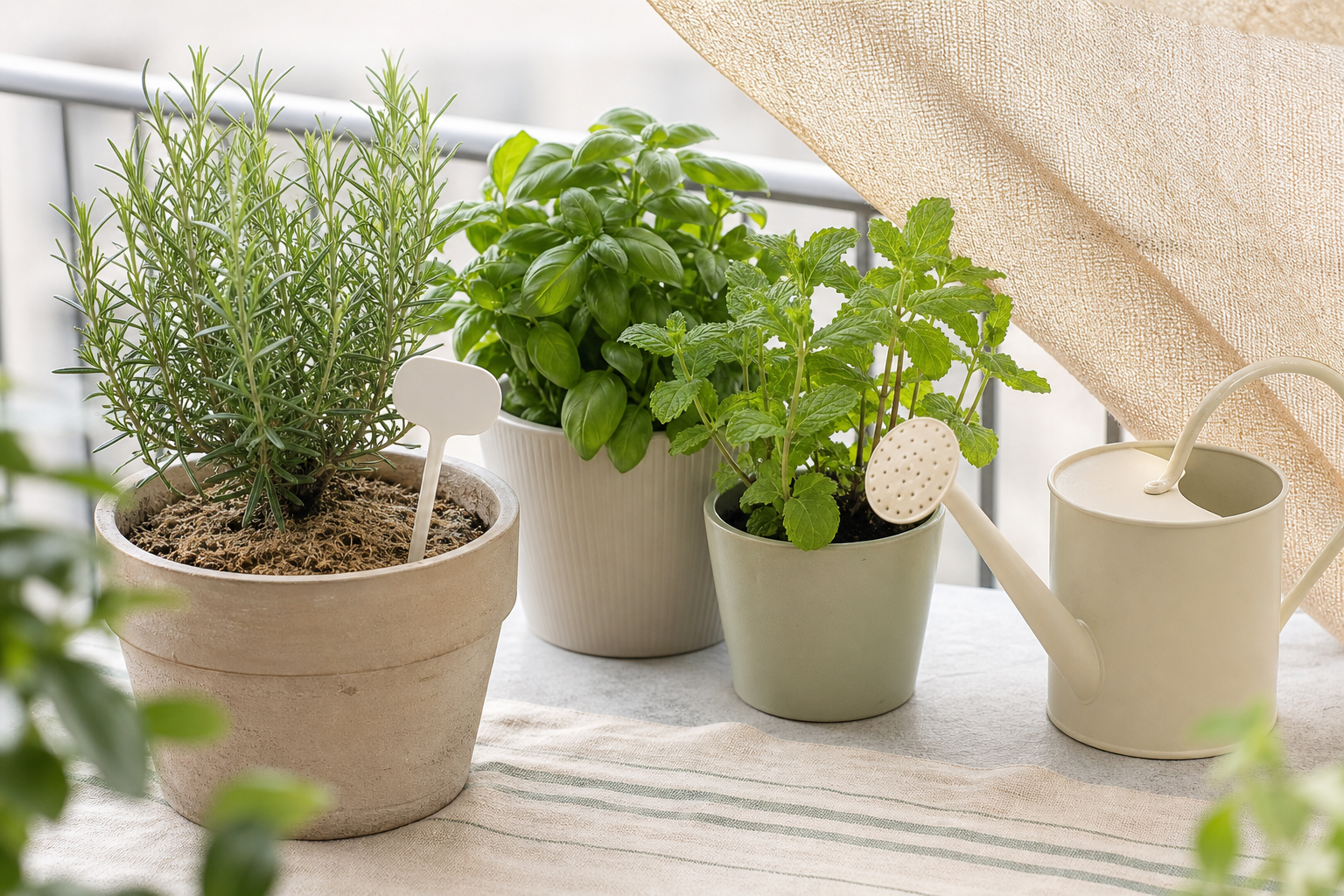 Vasi con erbe aromatiche e annaffiatoio su un balcone