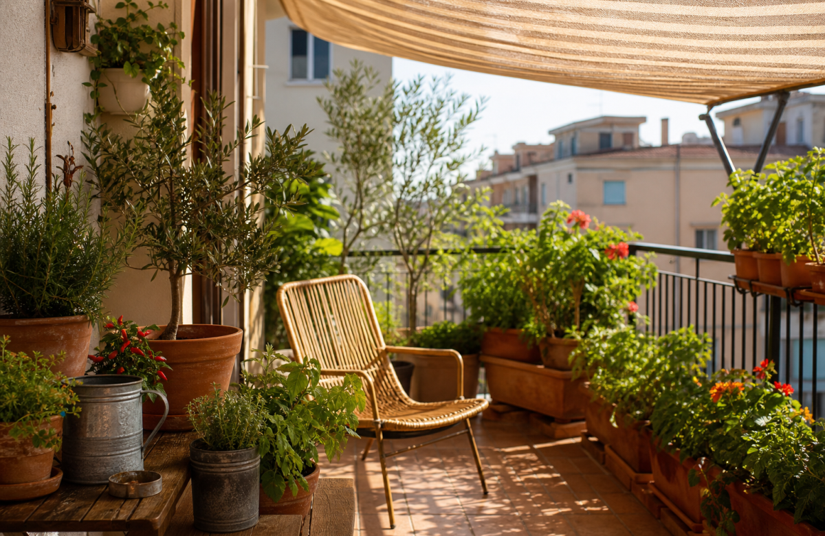 Piante in vaso su un balcone estivo ombreggiato