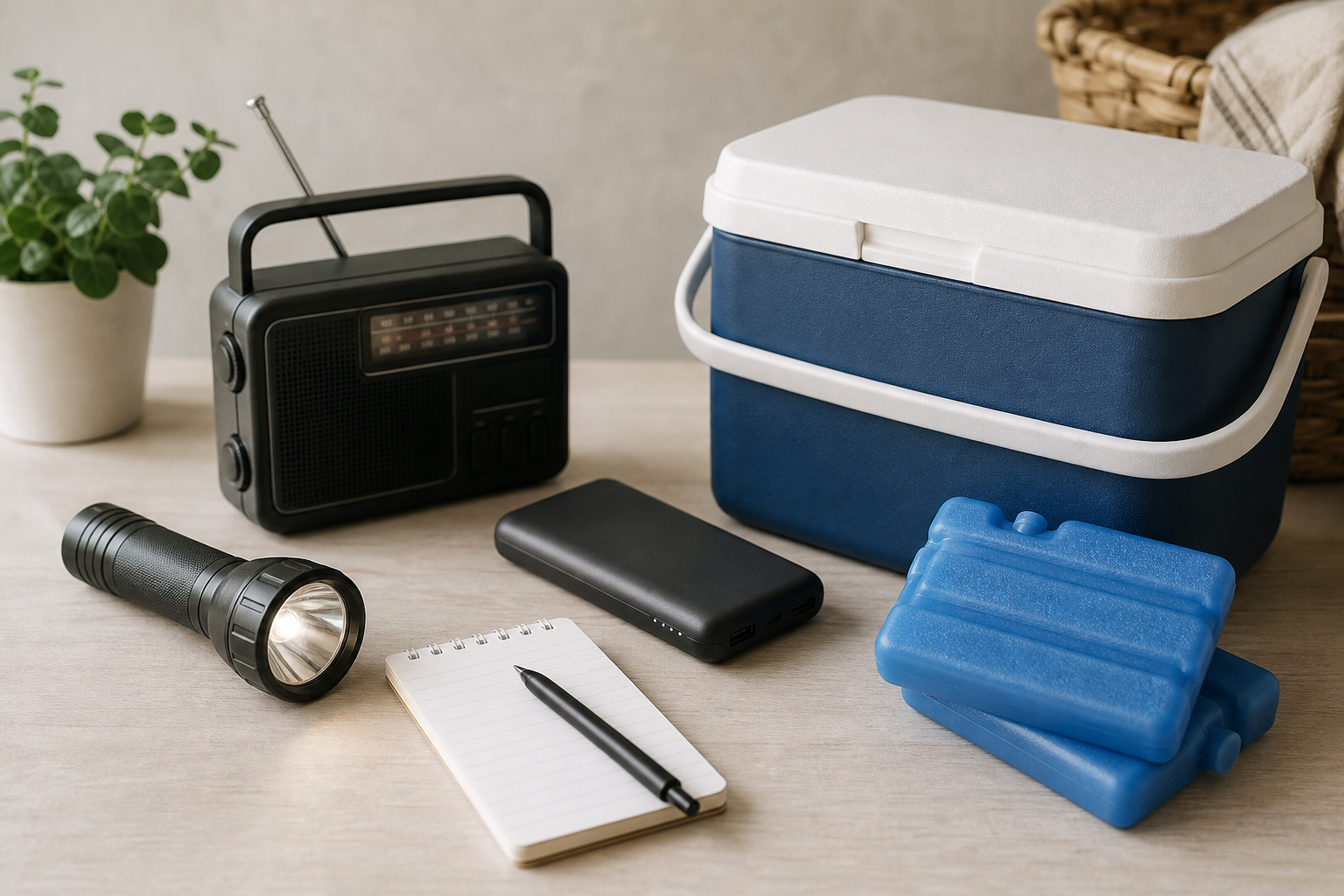 Torcia radio power bank e borsa termica preparati per un blackout