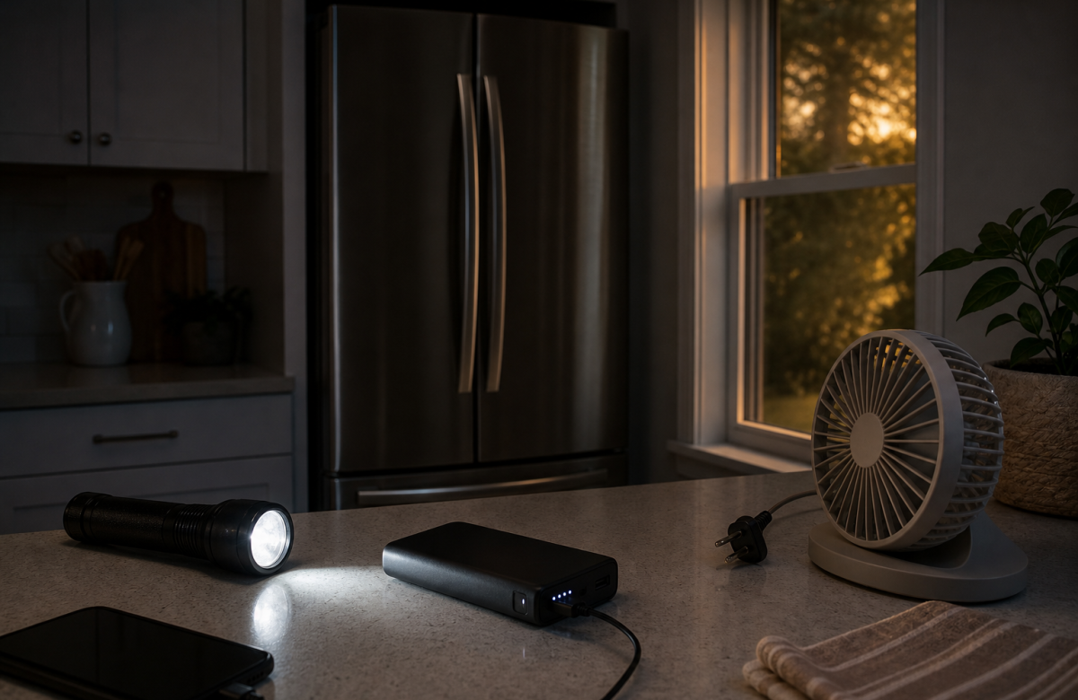 Torcia e power bank su un piano cucina durante un blackout estivo