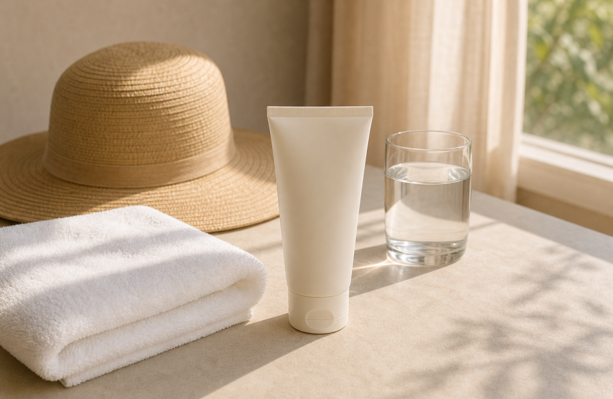 Doposole generico, cappello, asciugamano e bicchiere d acqua