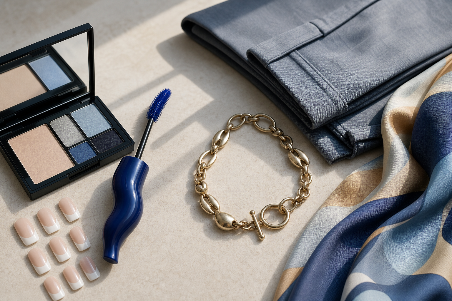 Still life generico con mascara blu, french tips, accessori e pantaloni corti