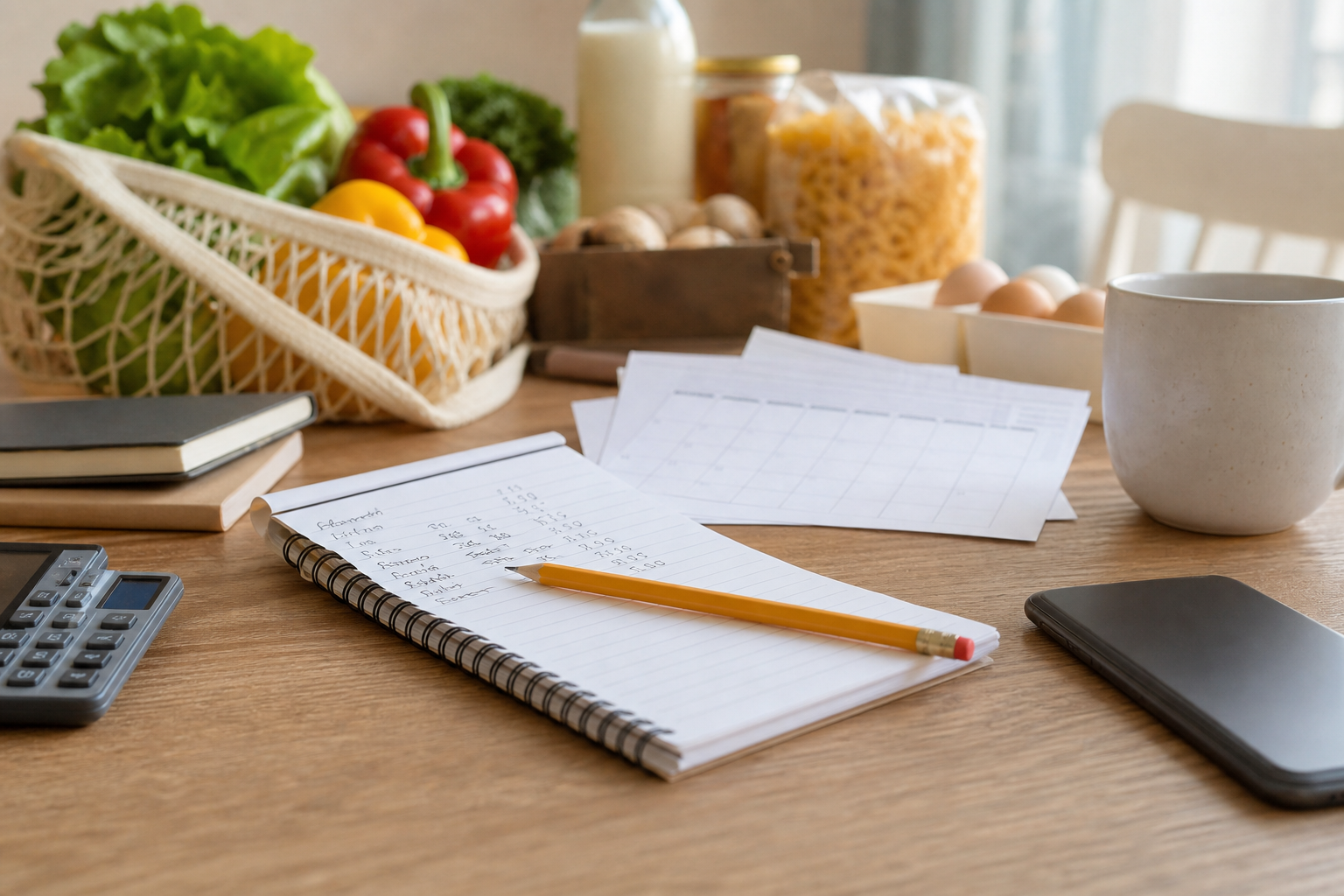 Appunti generici di budget domestico con matita e calendario senza testo leggibile