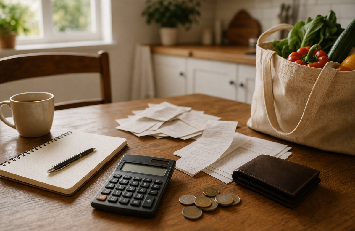 Tavolo con lista della spesa generica, calcolatrice e borsa riutilizzabile