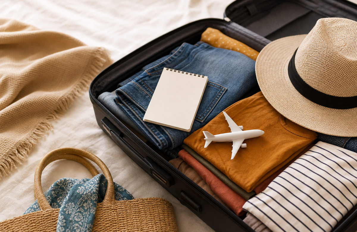 Valigia preparata per un viaggio estivo con checklist anonima
