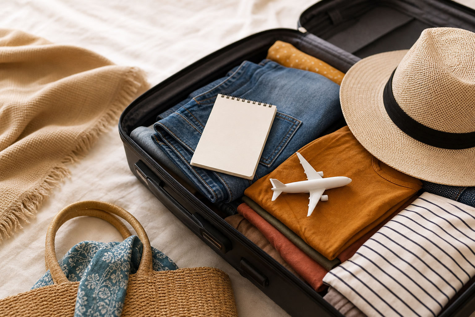 Valigia preparata per un viaggio estivo con checklist anonima