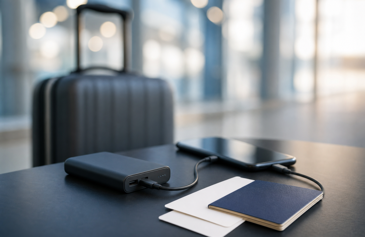 Power bank generico con bagaglio a mano prima di un volo