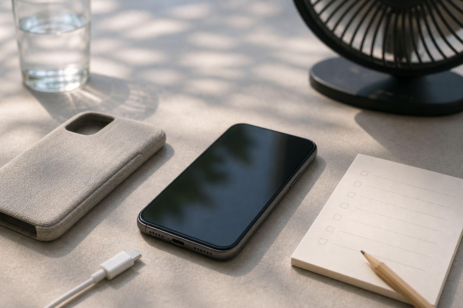 Smartphone generico lasciato all'ombra con cavo scollegato
