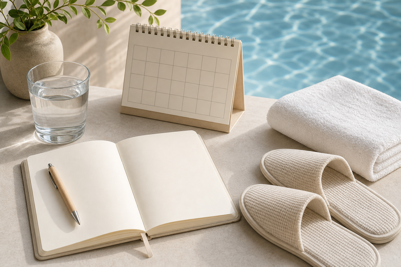 Notebook, acqua e teli per organizzare una pausa wellness