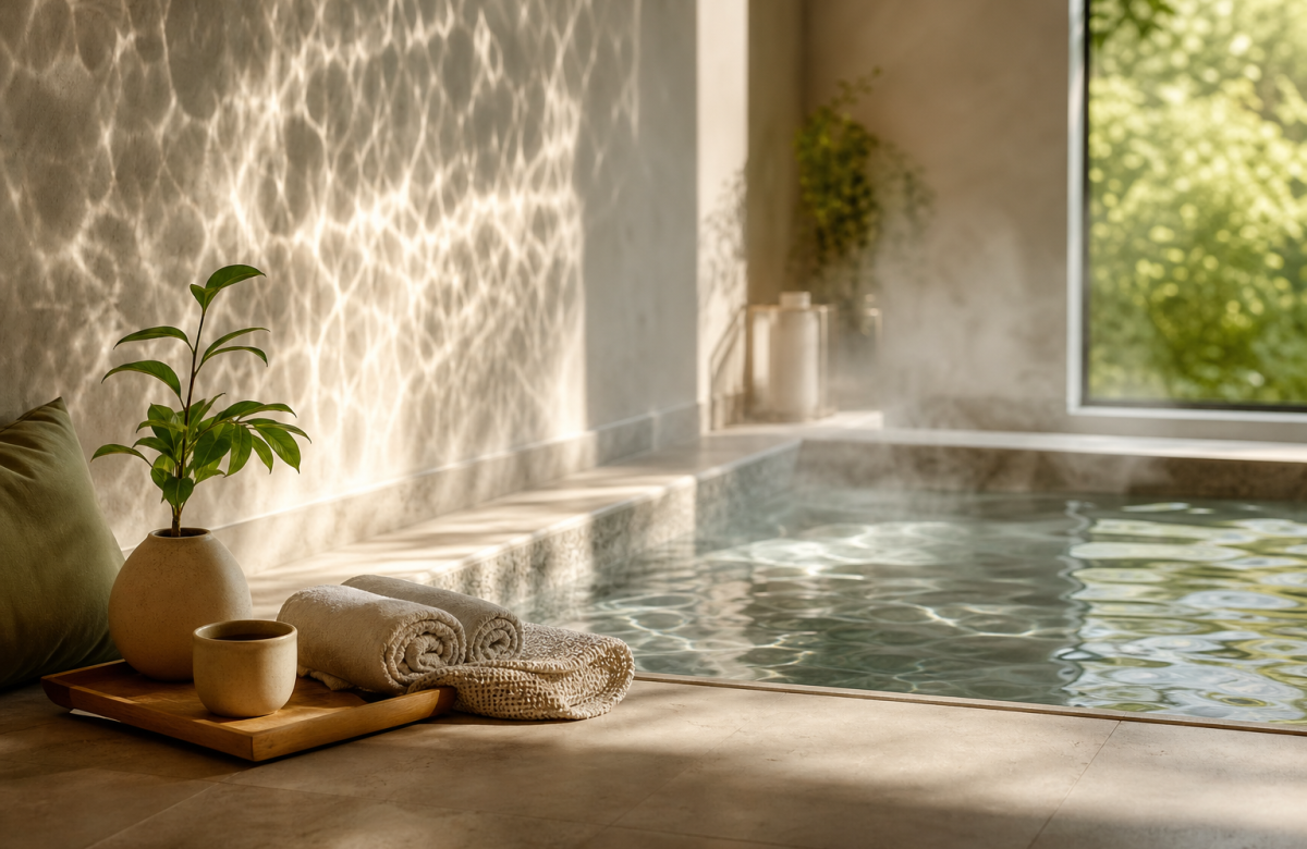 Ambiente wellness generico con acqua, teli e luce naturale