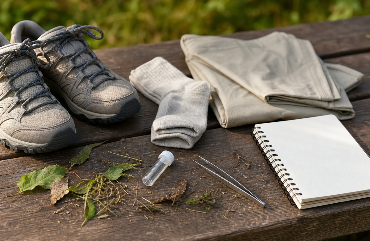 Scarpe da trekking, indumenti chiari e pinzetta per i controlli anti zecche dopo una passeggiata