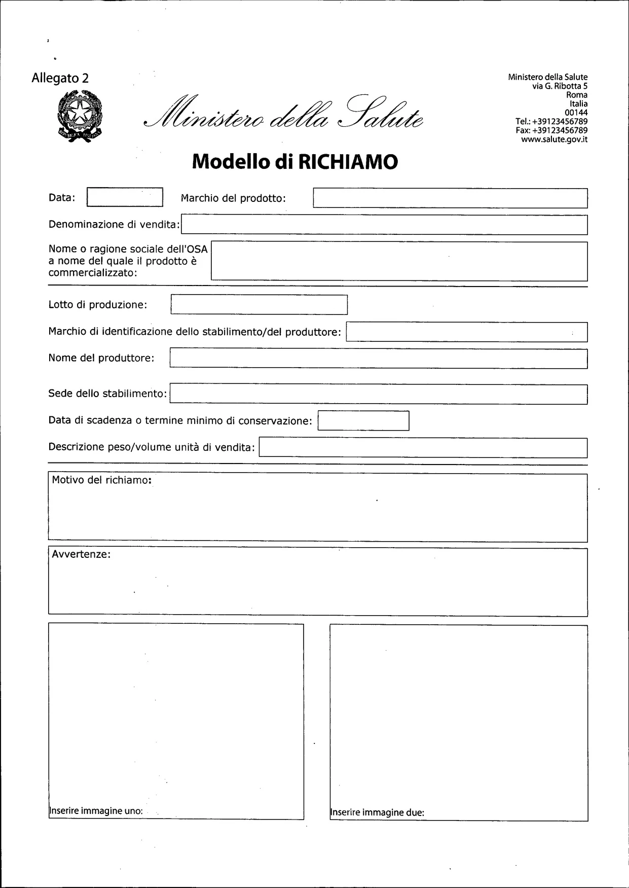 Modello di richiamo alimentare del Ministero della Salute