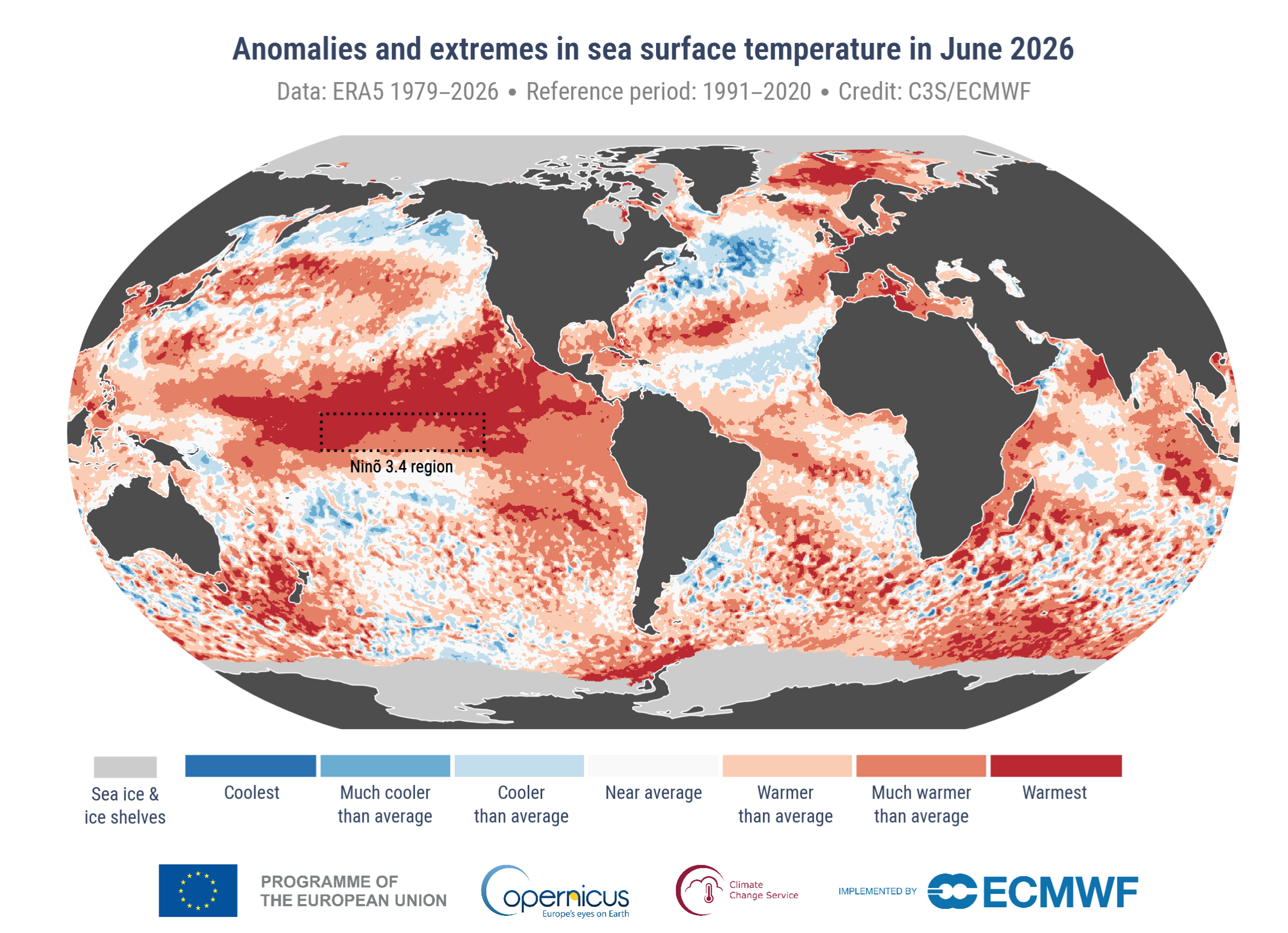 Mappa Copernicus delle anomalie della temperatura superficiale del mare a giugno 2026