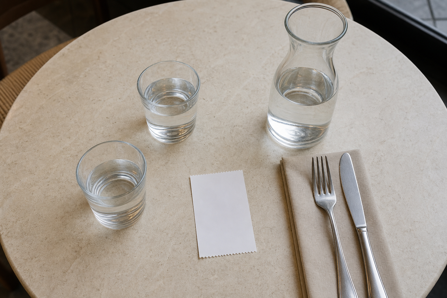 Caraffa e bicchieri d’acqua su un tavolo generico