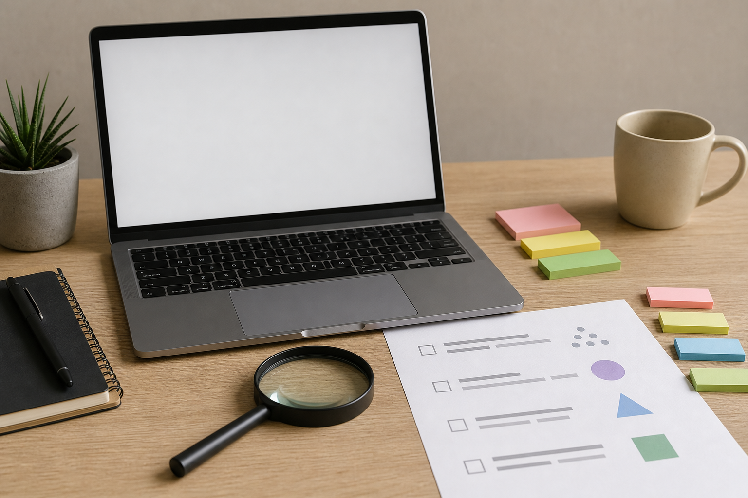 Scrivania con computer anonimo e checklist per verifica contenuti