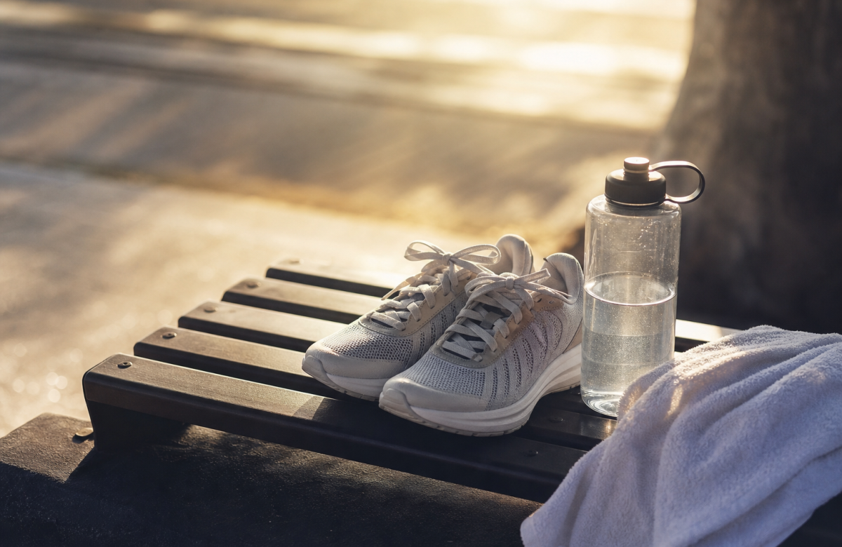 Scarpe da running e borraccia per allenamento estivo