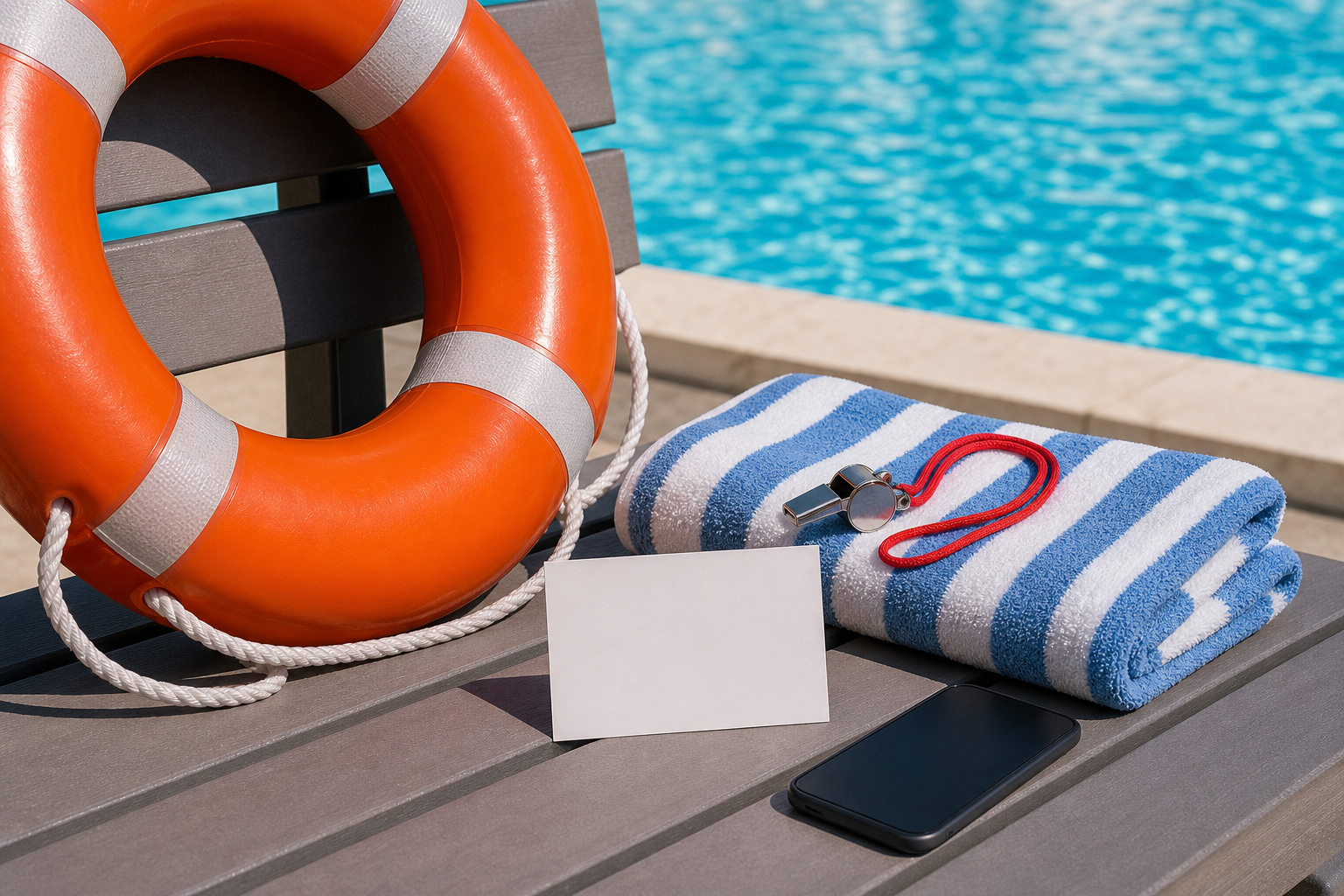 Salvagente fischietto asciugamano e telefono spento vicino all acqua