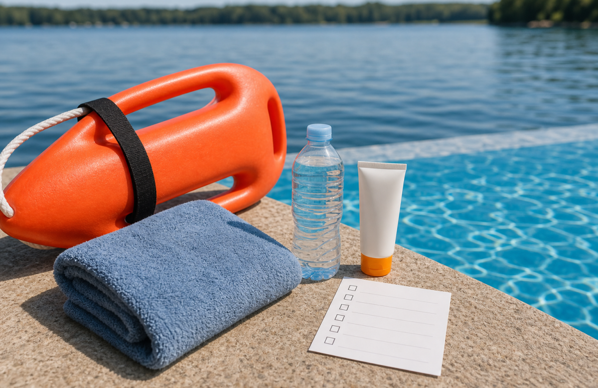 Oggetti di sicurezza vicino ad acqua e piscina
