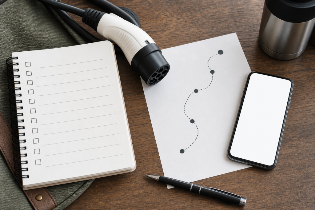 Checklist e cavo di ricarica per programmare un viaggio in auto elettrica