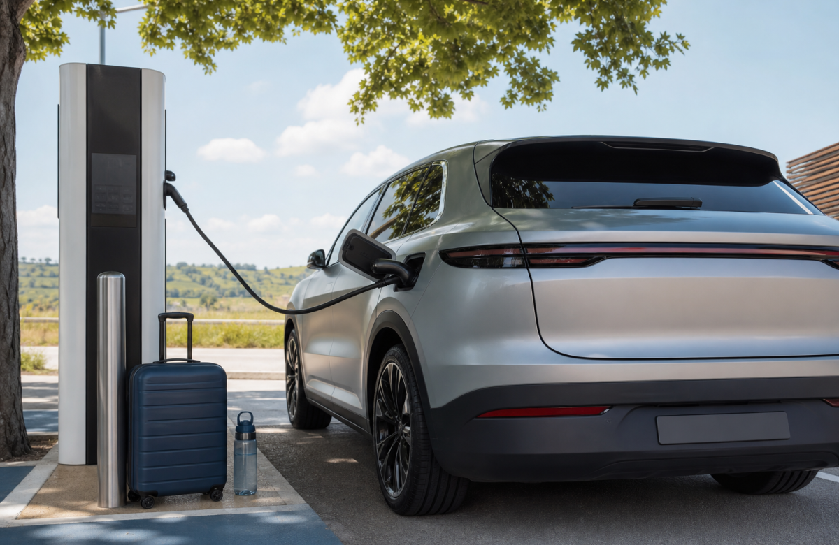 Auto elettrica generica in sosta di ricarica durante un viaggio estivo