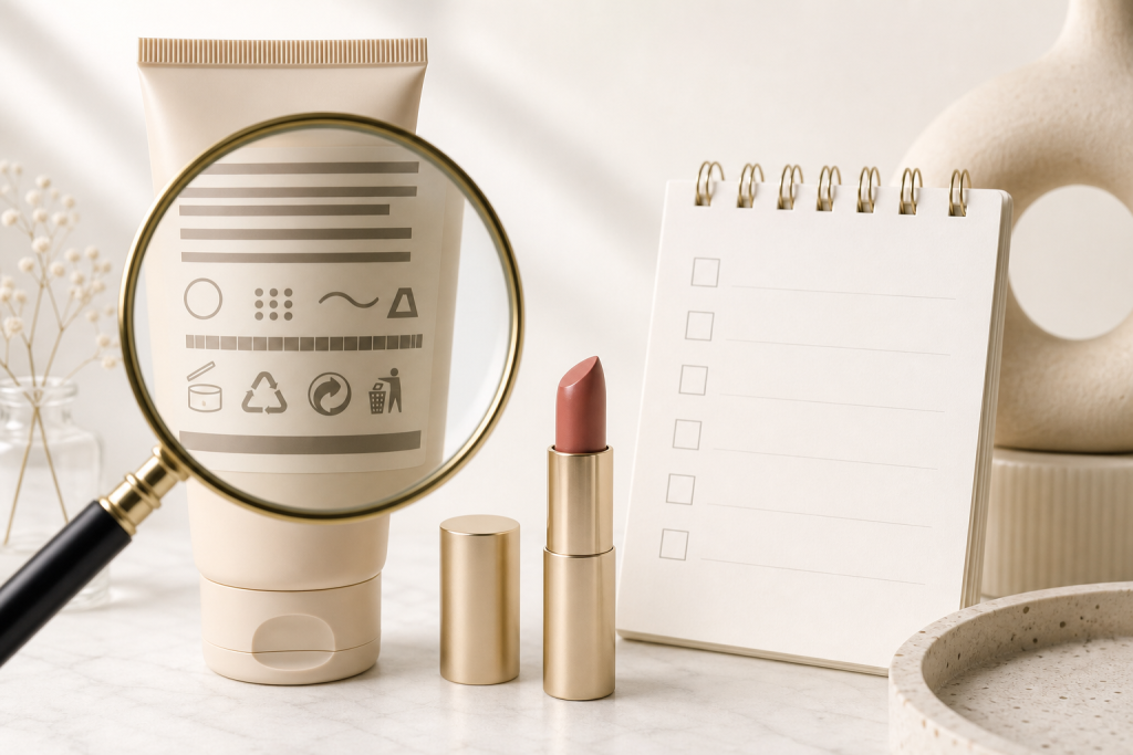 Etichetta cosmetica anonima con lente e checklist vuota