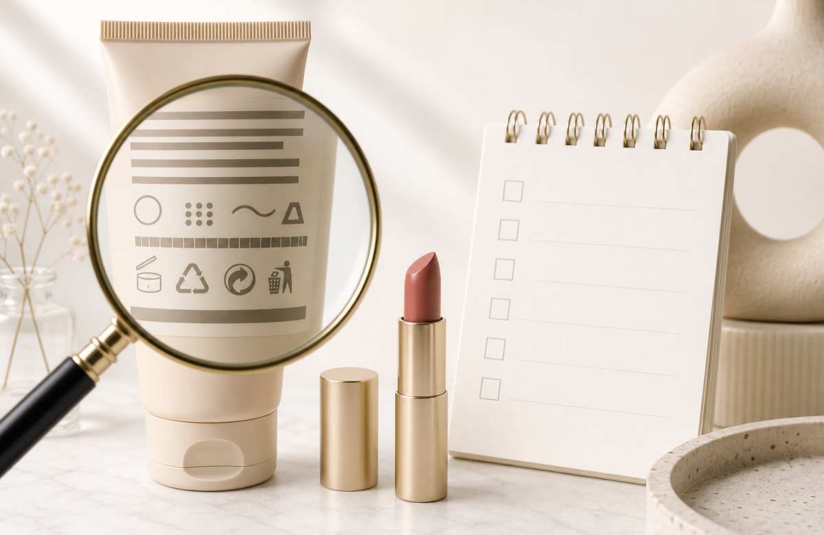Etichetta cosmetica anonima con lente e checklist vuota