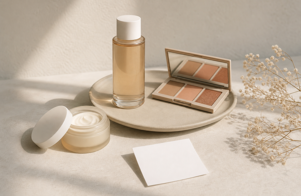 Cosmetici anonimi e make-up skincare in una scena illustrativa