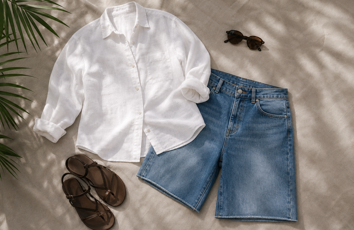 Bermuda di jeans con camicia estiva in un outfit generico